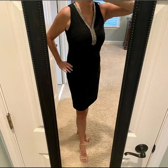 spence | Dresses | Spence Stretch Black Ultra Suede Fitted Vneck Dress With  Rhinestone Trim Sz | Poshmark